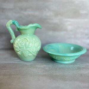 Vintage Avon Green Slag Glass Pitcher & Basin Victorian Vanity Set